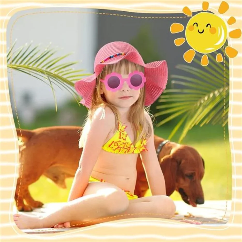 Summer Straw Hat for Girls Large Brim Sunflower Beach Hat Cute Flower Sunglasses